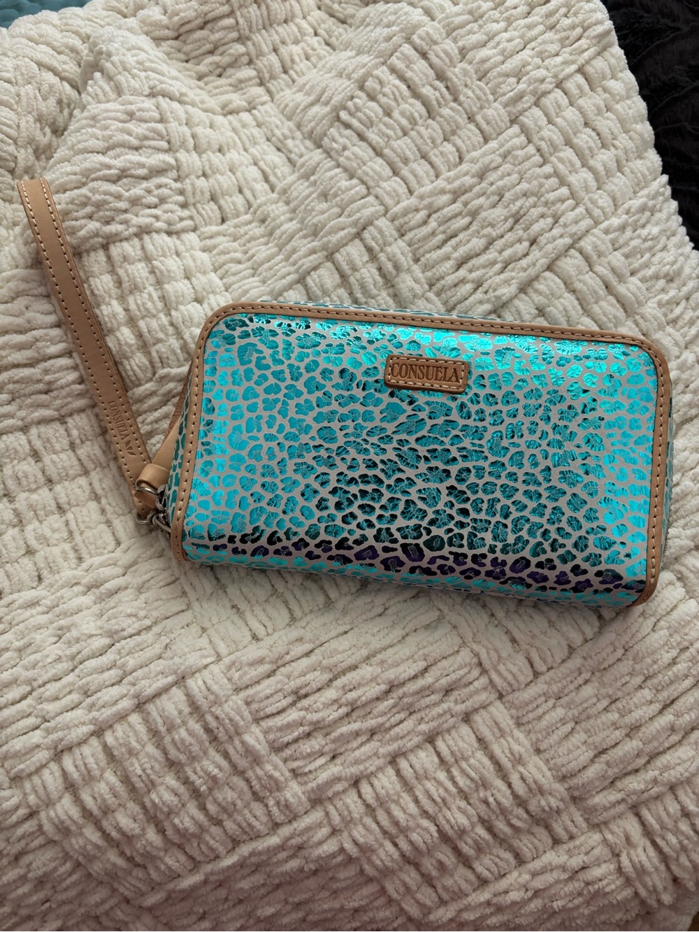 NEW Consuela Kat Metallic Turquoise Leopard Wristlet Wallet with Tan Trim